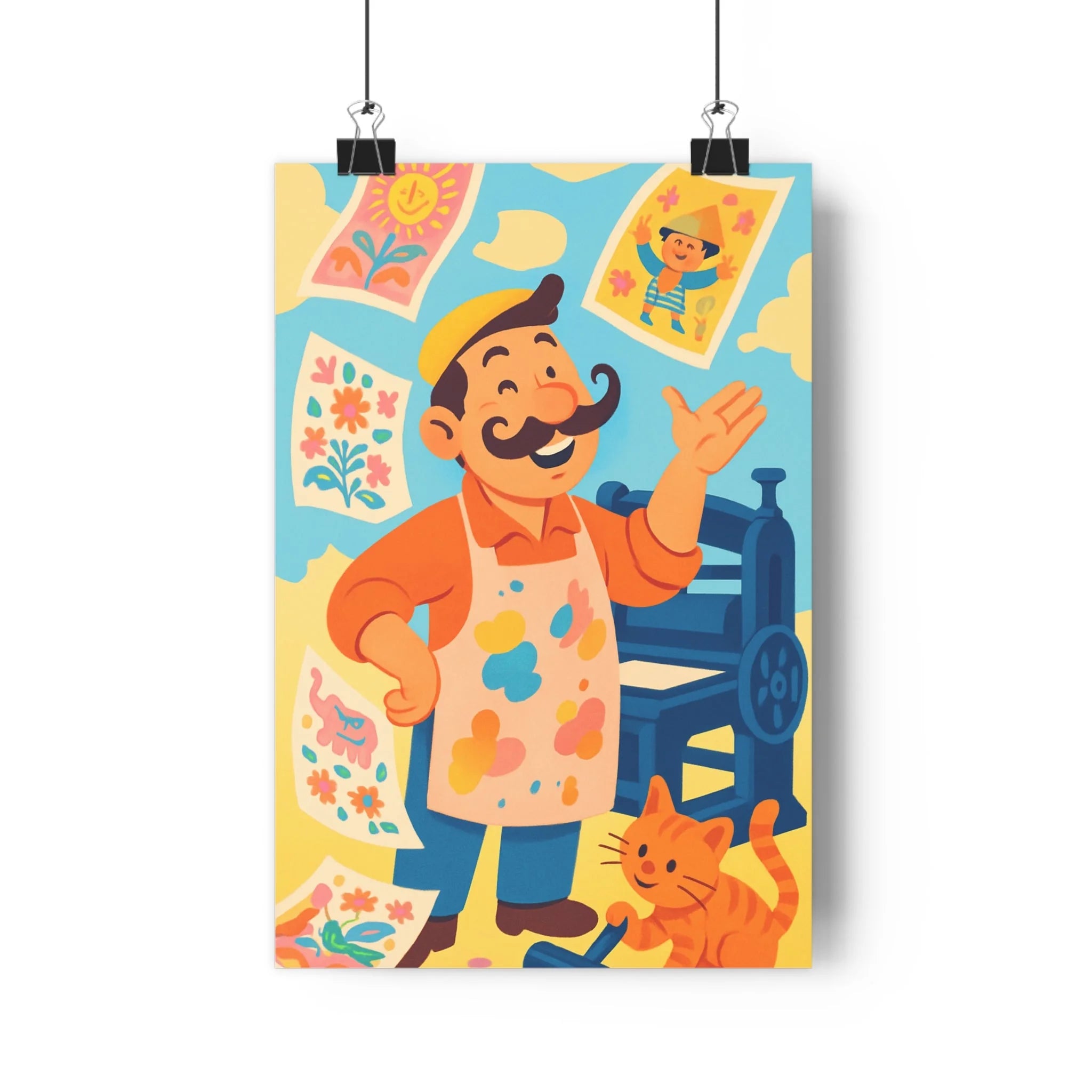 Poster décoratif cartoon chat orange couleurs vives ludique chambre enfant joyeux gai 30x46 cm