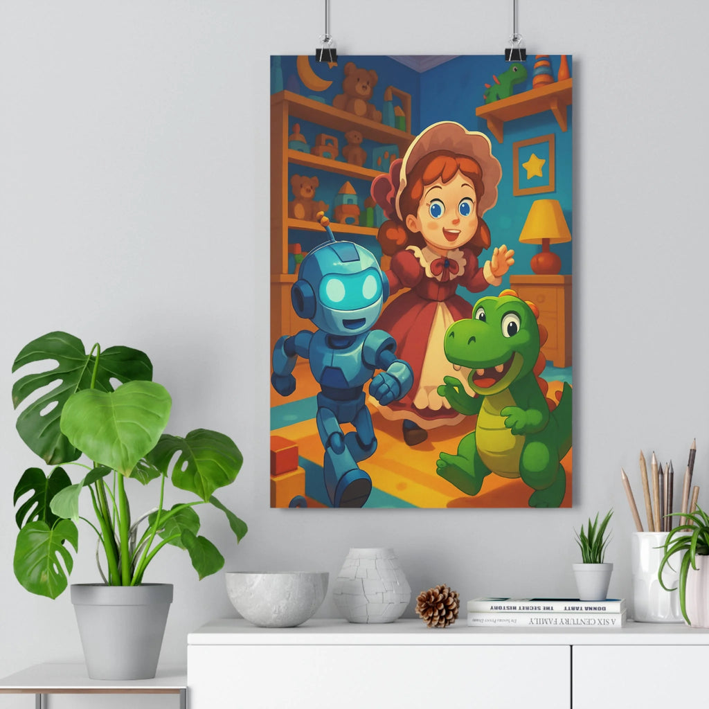 Poster décoratif chambre enfant rétro pastel joyeux scène jouets cartoon nostalgique poupée dinosaure robot