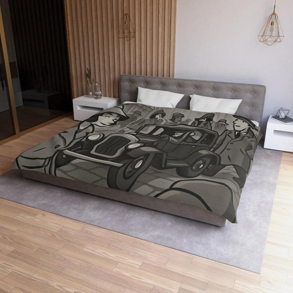 Housse de Couette Vintage avec Rue Animée et Voiture des Années 1930