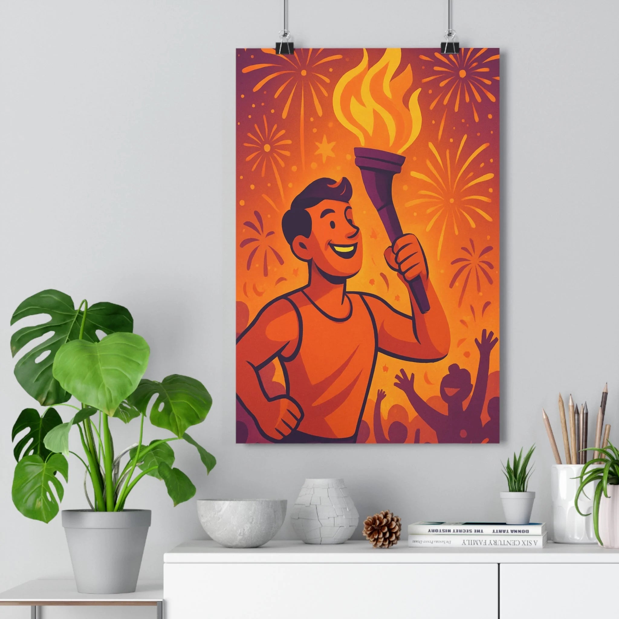 Poster décoratif dessin animé orange jaune joyeux salon chambre dynamique ambiance festive vibrant éclatant