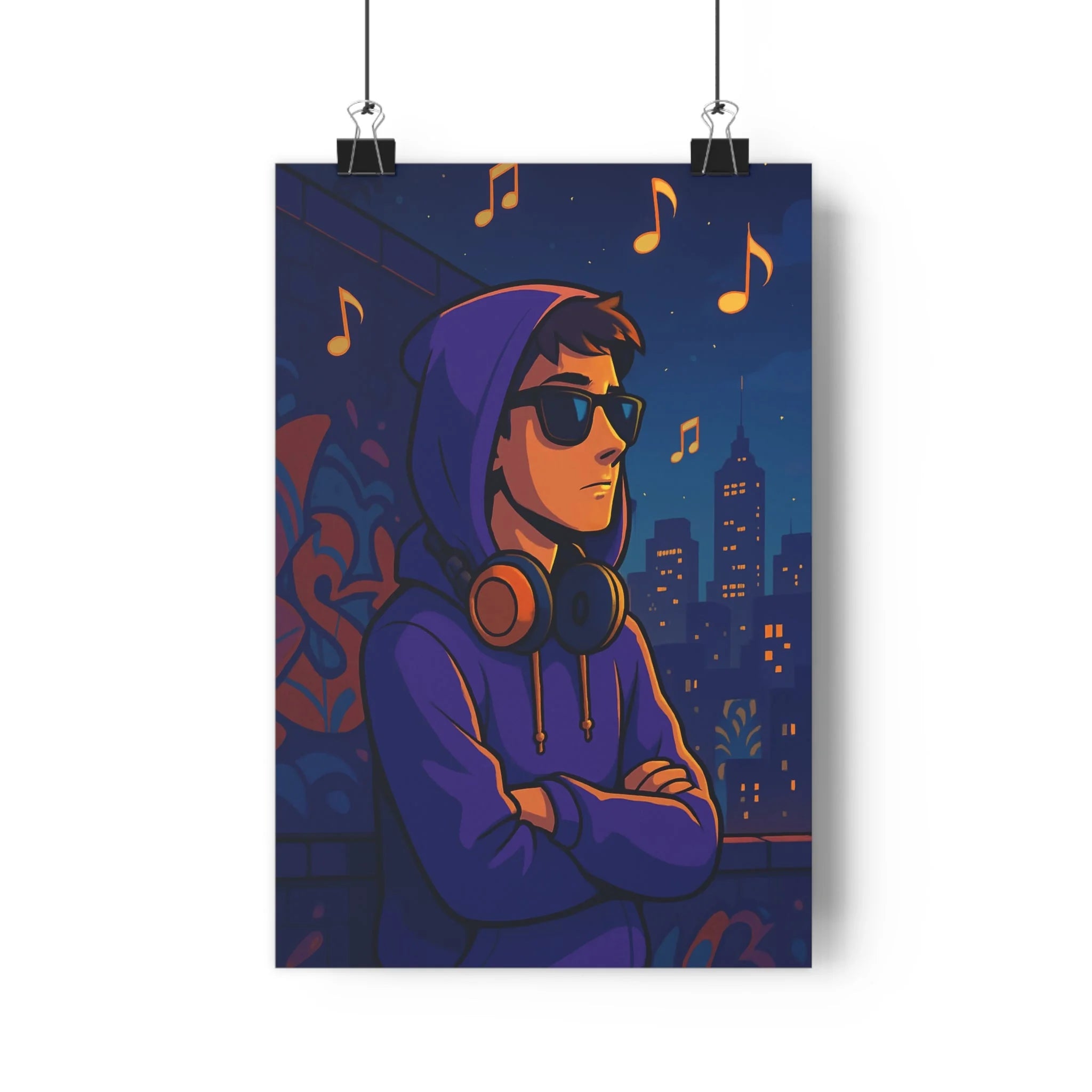 Poster décoratif urbain mystérieux violet bleu cartoon moderne chambre salon musique ville éclairée qualité