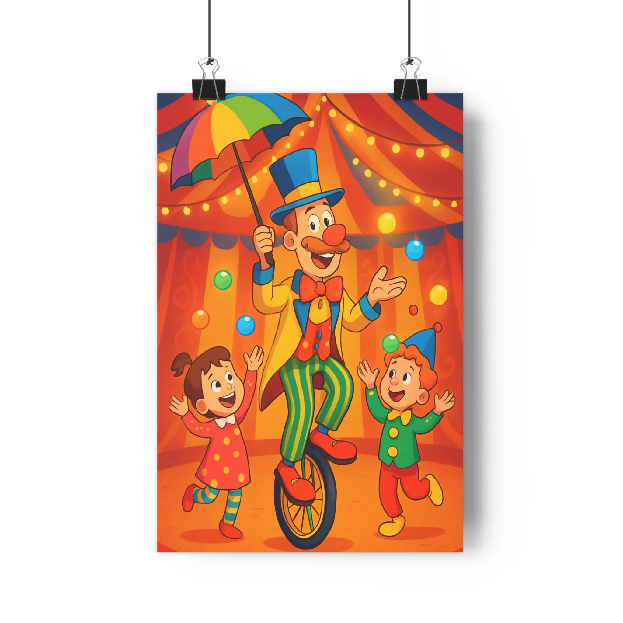 Poster décoratif cartoon coloré joyeux clown enfant orange rouge chambre salon ambiance festive éclatant