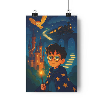 Poster sorcier baguette magique hibou train château nuages étoiles nuit bleu jaune cartoon mystère chambre enfant fantaisie