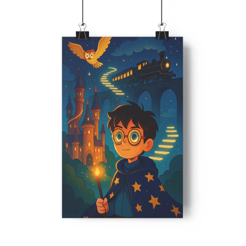Poster sorcier baguette magique hibou train château nuages étoiles nuit bleu jaune cartoon mystère chambre enfant fantaisie