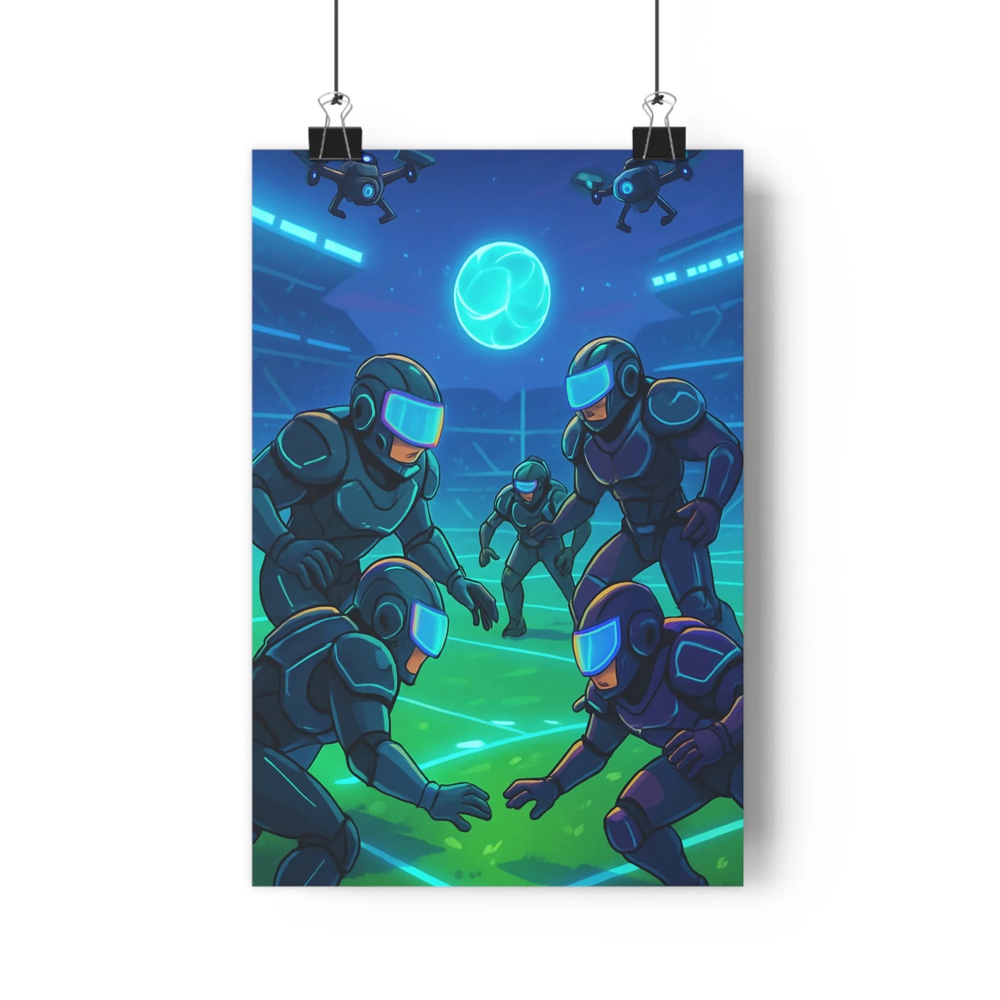 Poster décoratif rugby futuriste moderne bleu vert bureau dynamique hightech ambiance sportive original unique