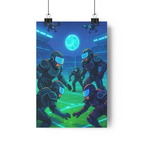 Poster futuriste combinaisons protection masques visage drones volants néons bleus lumières vertes cercle lumineux ambiance mystérieuse action intense style moderne