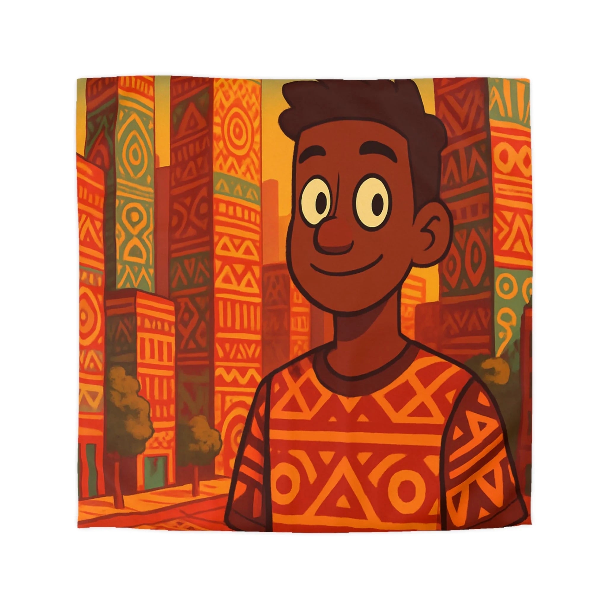 Housse de Couette Personnage Souriant avec Motifs Géométriques et Gratte-Ciel Colorés