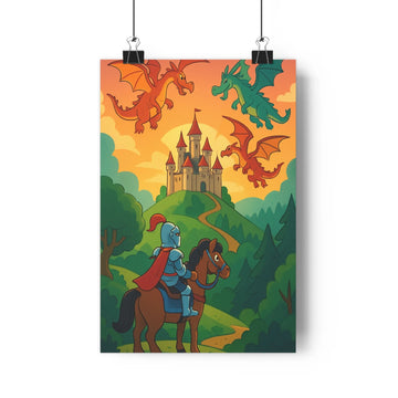 Poster château dragons forêt chevalier cheval couchant magie aventurier arbres contours colorés cartoon vibrant mystérieuse chambre salon