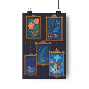 Poster suspendu tableaux fantaisie fleur nuit étoilée château lune nuages maison décor moderne ambiance douce romantique fonds sombres bleus dorés