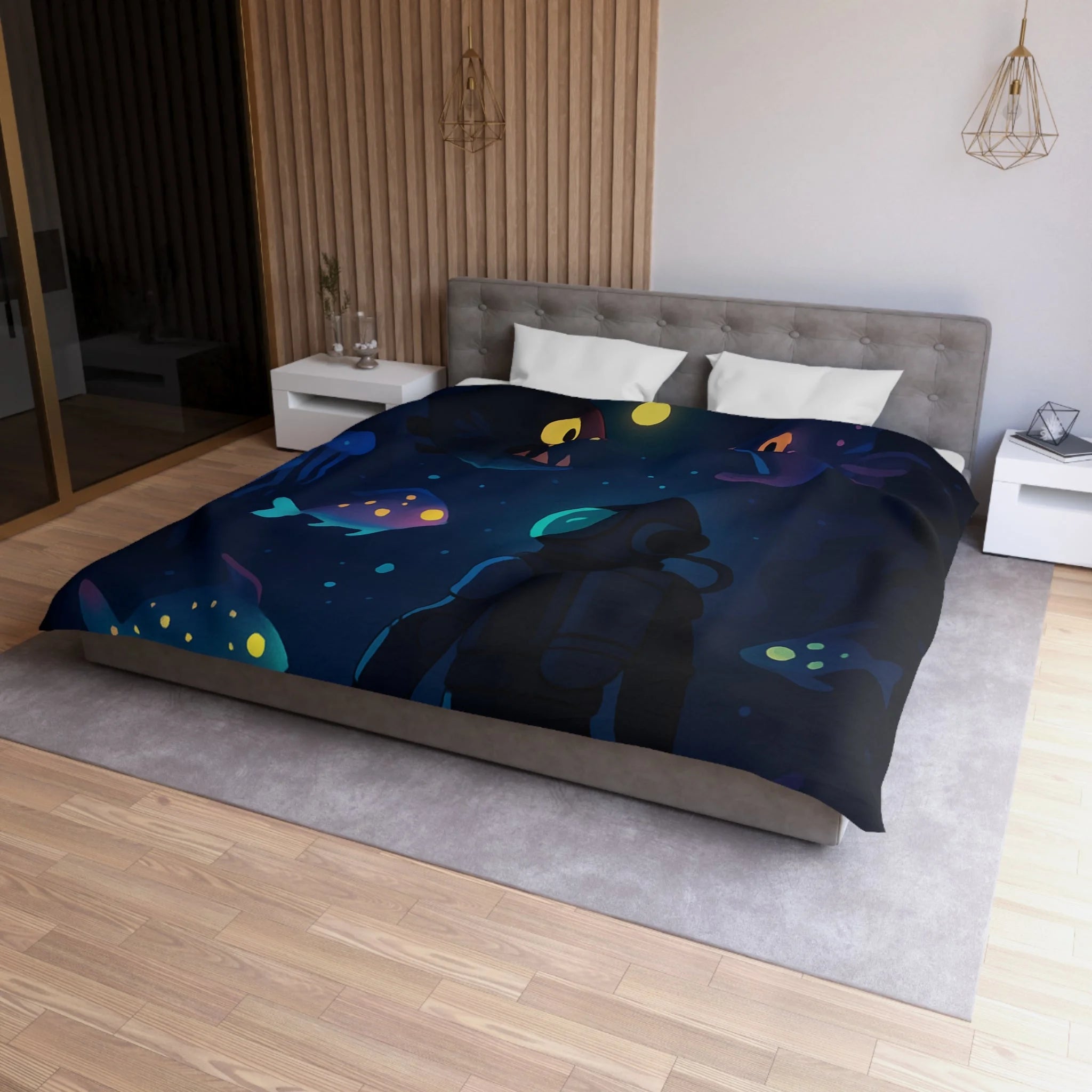 Housse de couette océanique avec plongeur et créatures marines lumineuses mystérieuses