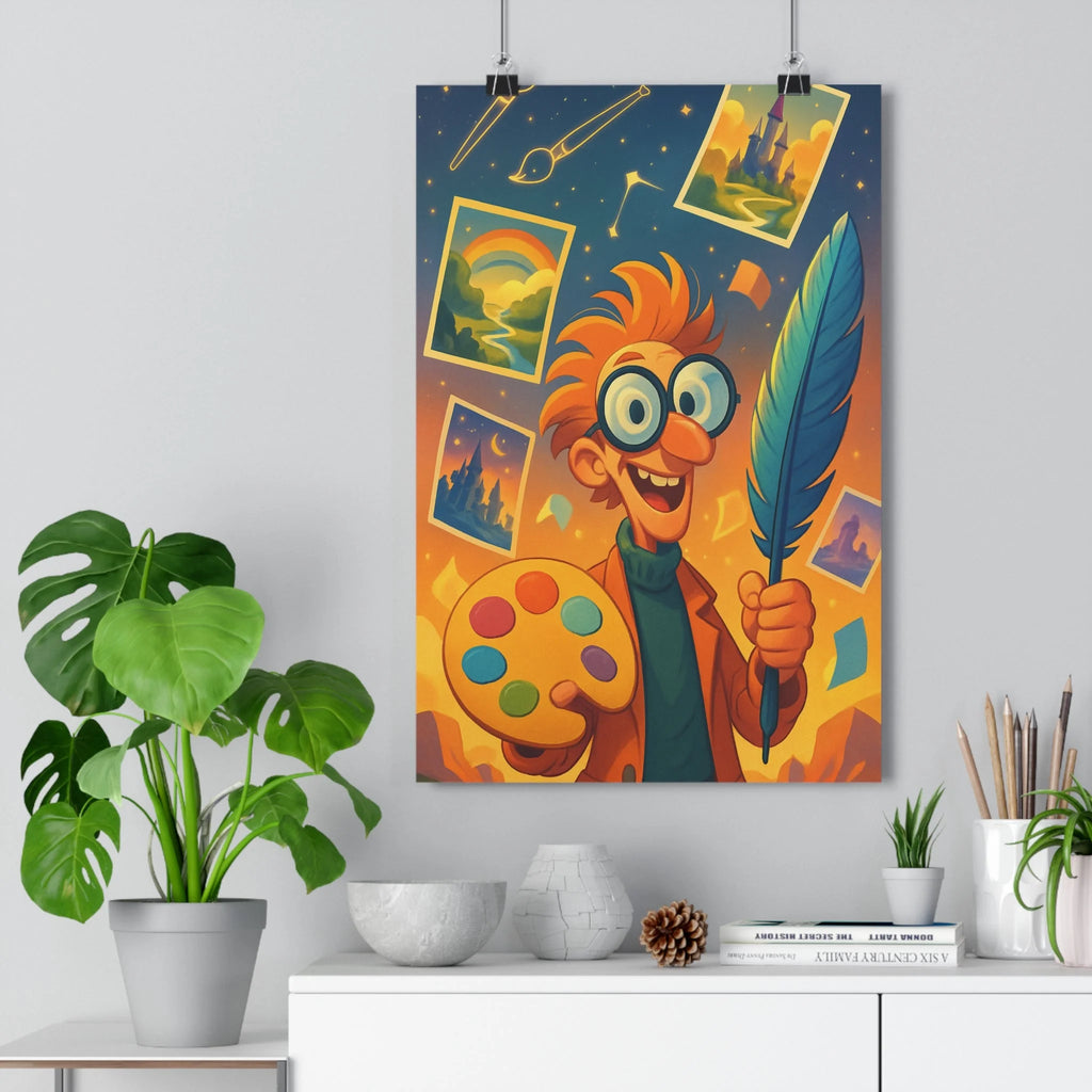 Poster joyeux artiste plume palette tableaux mur bleu jaune ambiance créative espace dessin bureau chambre