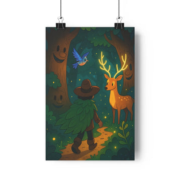 Poster forestier nuit chasseur cerf plantes lumineuses arbres souriants ambiance mystérieuse style cartoon verte dorée chambre salon