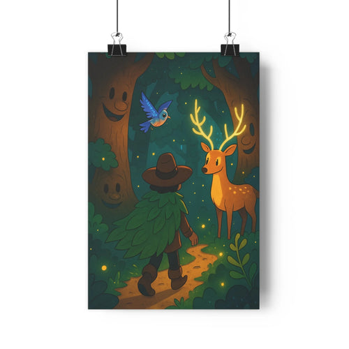 Poster forestier nuit chasseur cerf plantes lumineuses arbres souriants ambiance mystérieuse style cartoon verte dorée chambre salon