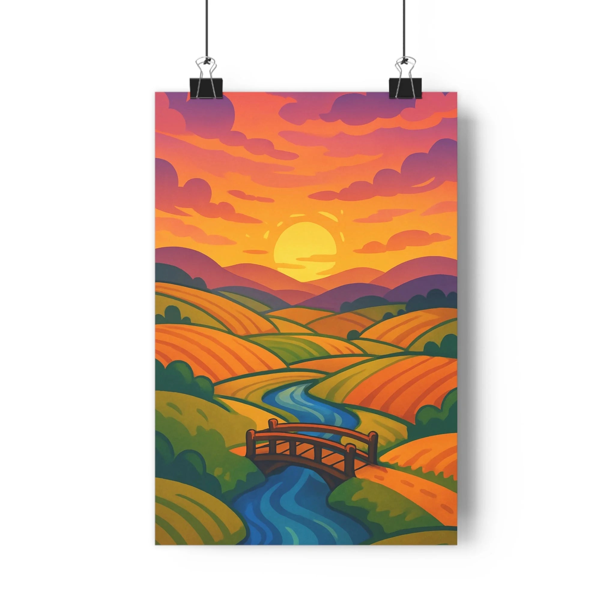 Poster décoratif vibrant coucher soleil orange rose cartoon apaisant salon chambre art sérénité collines
