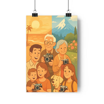 Poster familiale plage montagne coucher soleil joyeux photographes appareils photo ambiance rétro simplicité naturelle coloré vintage chaleureuse