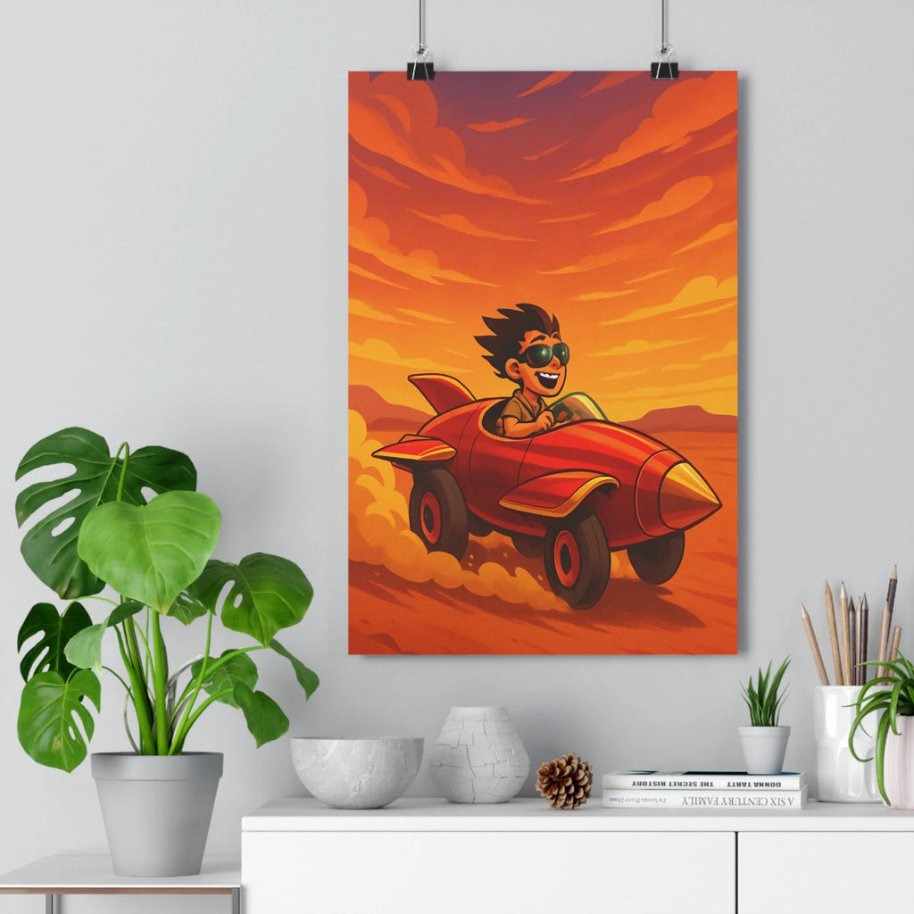 Poster décoratif aventure rouge orange cartoon enfant course voiture garçon joyeux dynamique chambre 30x46