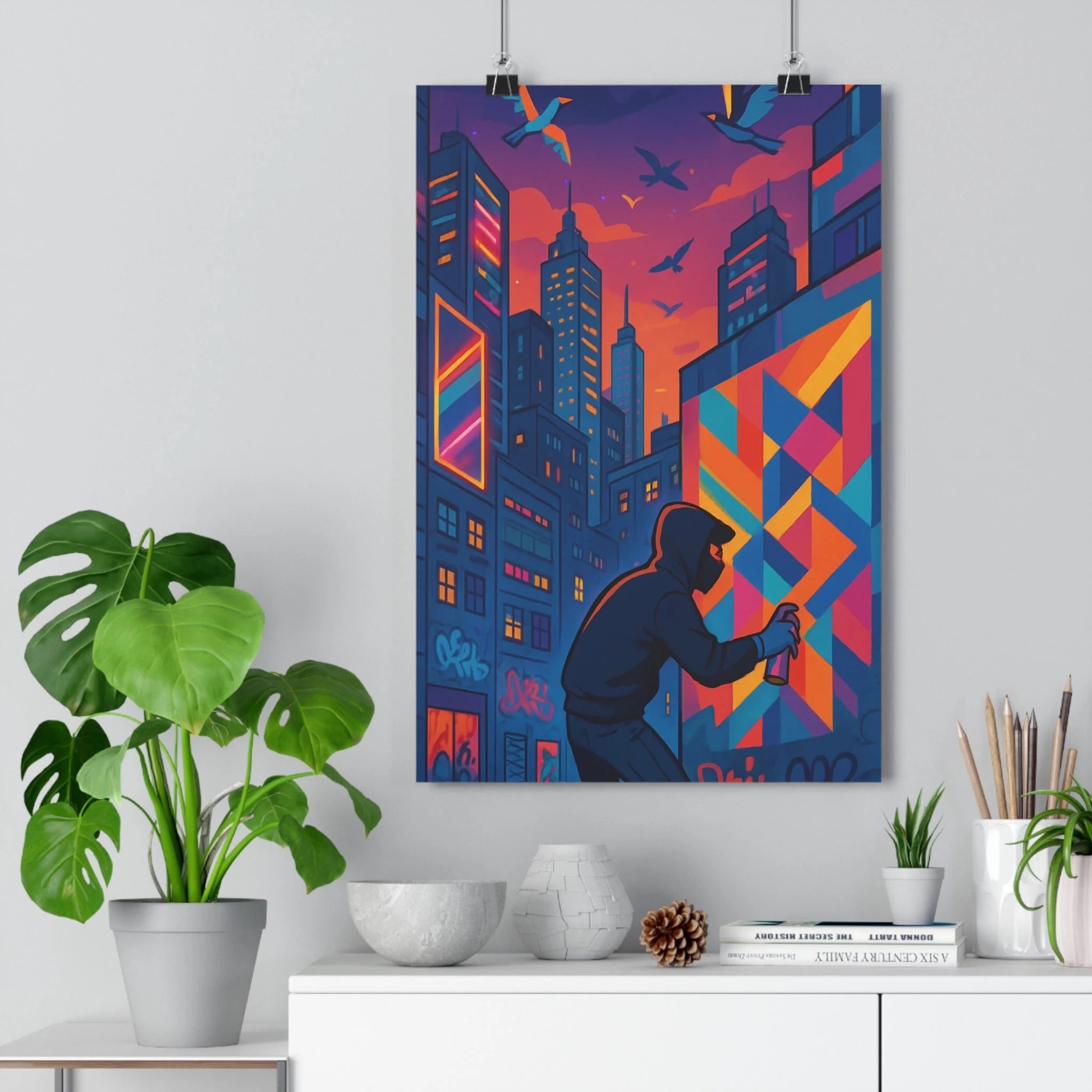 Poster décoratif urbain art moderne bleu orange rose géométrique salon chambre dynamique mural tendance