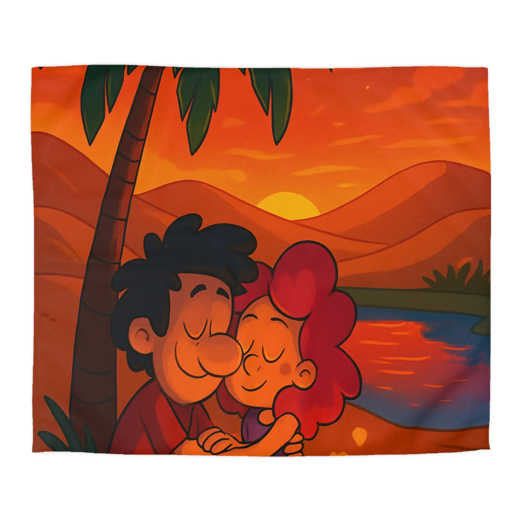 Housse de couette romantique avec couple câlin et coucher de soleil magique désertique
