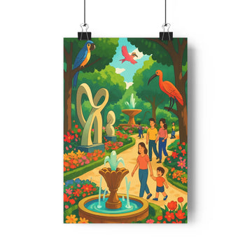 Poster jardin luxuriant arbres feuilles fleurs perroquet fontaine coquillage ibis personnages activités ciel bleu rouge jaunes détails réel style élégant