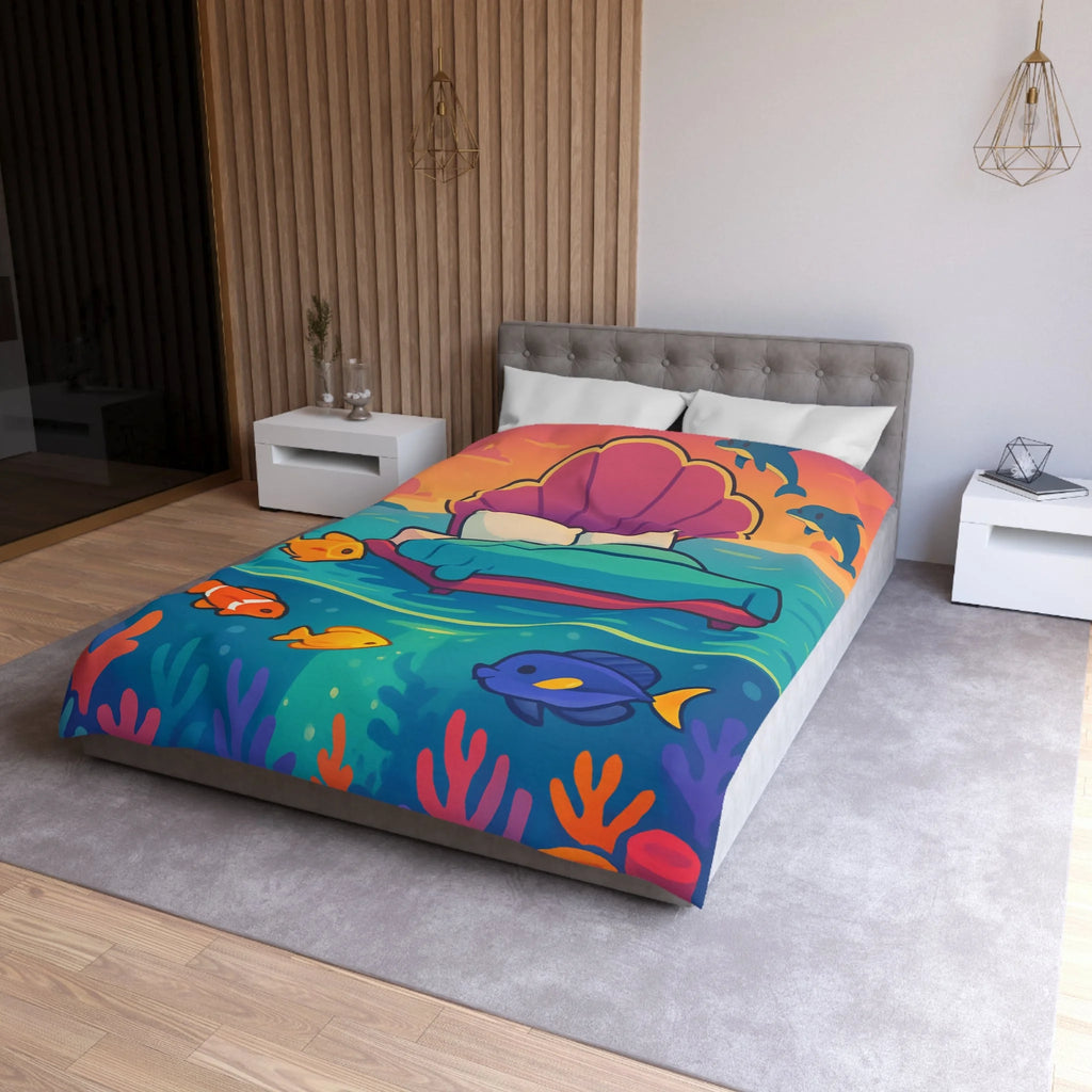 Housse de couette océan, lit coquillage, poissons tropicaux, ambiance coucher de soleil