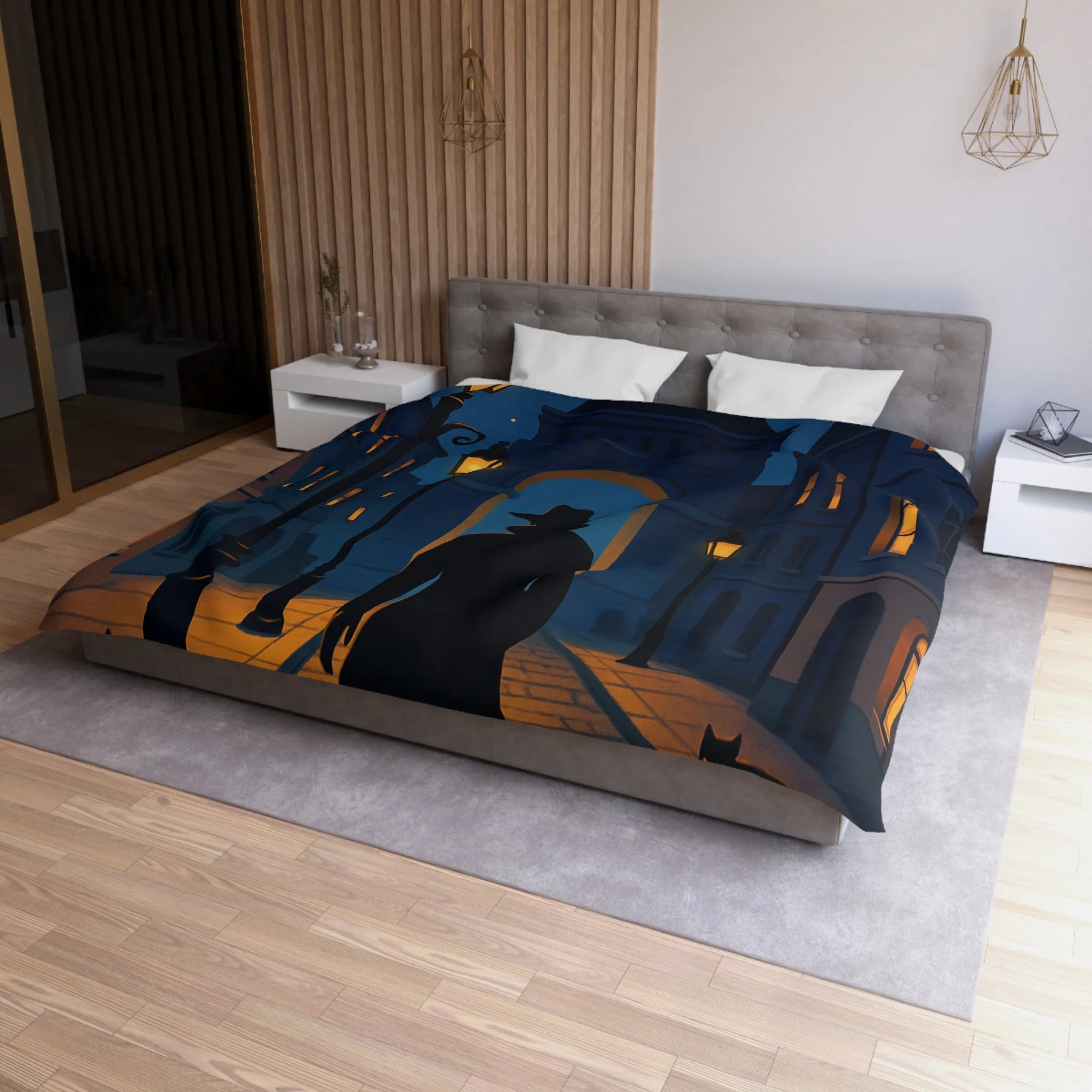 Housse de couette noire mystérieuse, silhouette d'homme avec chats et lampadaires nocturnes