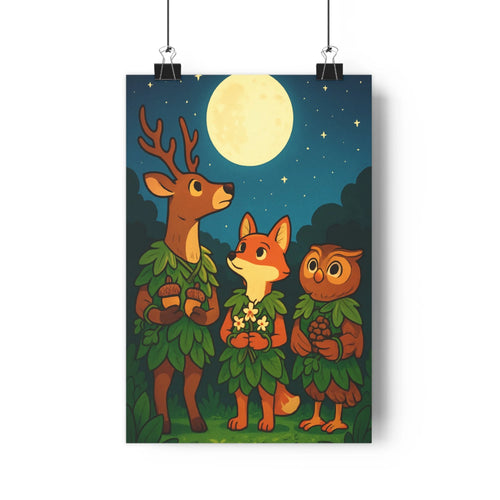 Poster forestier nuit animaux anthropomorphes feuilles lune étoiles verte bleue sereine élégante salon chambre nature cartoon