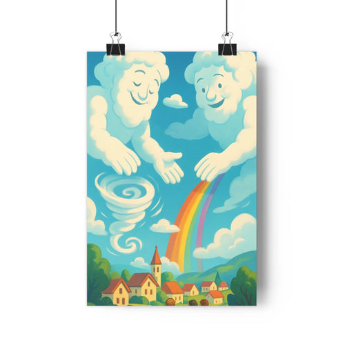 Poster célestes souriants nuages arcen-ciel village tornade sérénité couleurs vives ambiance joyeuse style cartoon