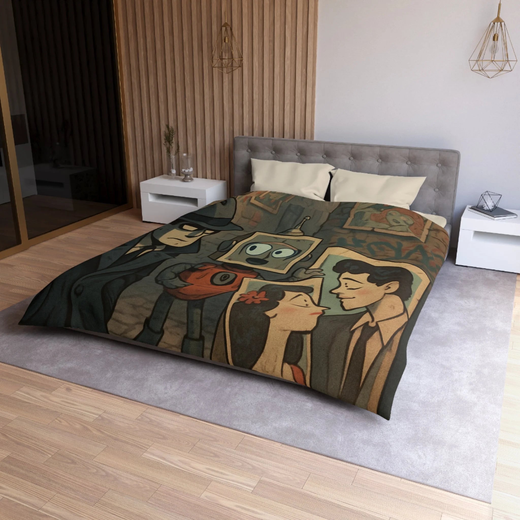 Housse de couette rétro robot vintage, style pop art, ambiance urbaine et romantique