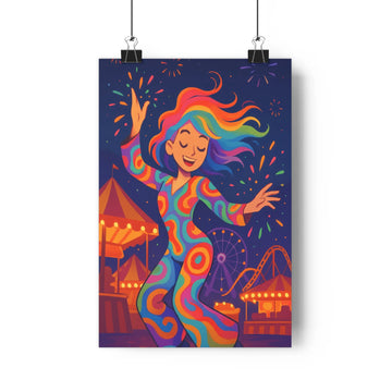 Poster femme danse joyeuse feux artifice ciel nocturne carrousel grande roue ambiance festive robe colorée style cartoon vibrant palette chromatique