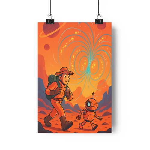 Poster aventure spatiale explorateur robot montagnes nuages colorés contours nets couleurs vives ambiance mystérieuse futuriste chambre bureau vibrant dynamique