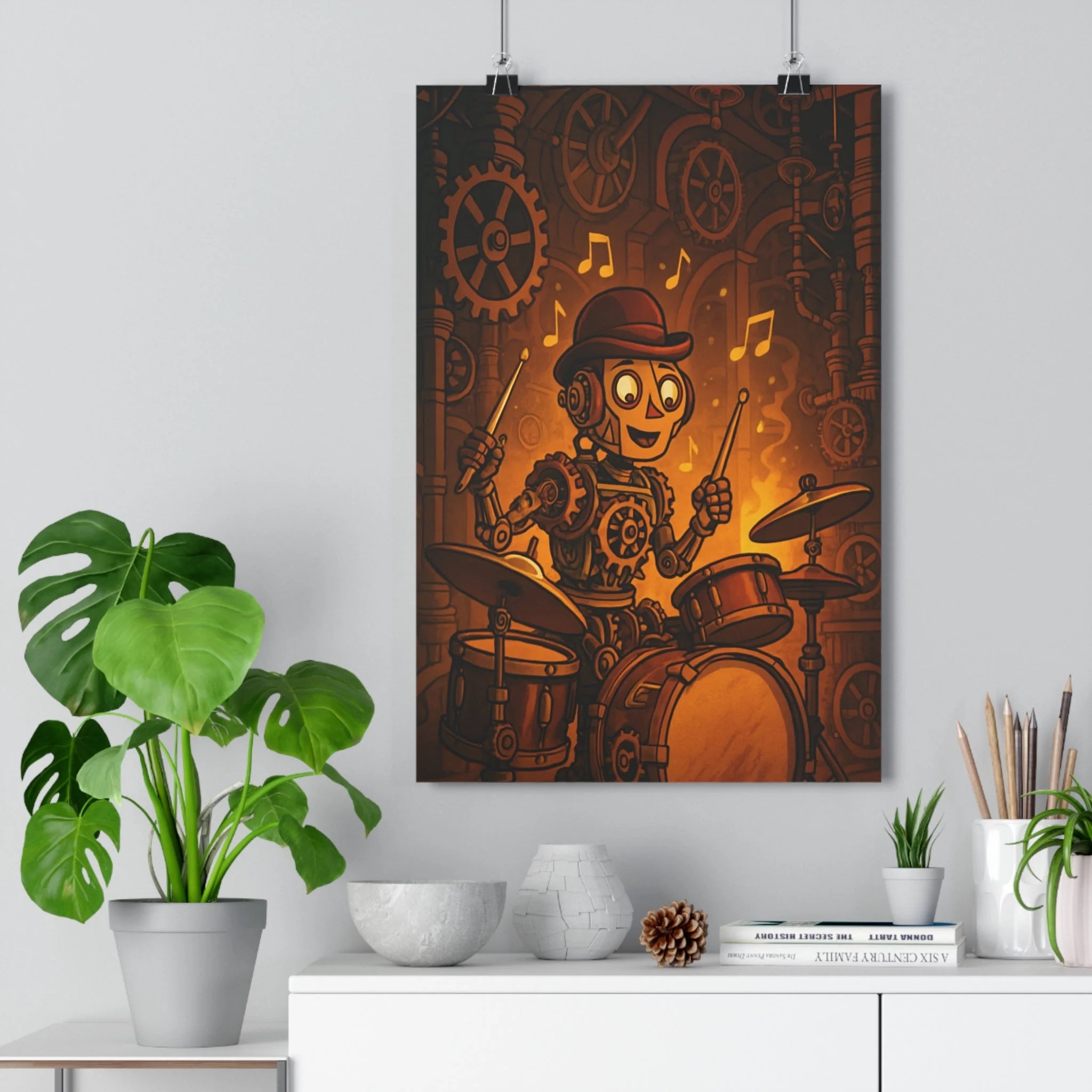 Poster décoratif rétro steampunk cuivre or industriel bureau musique automate robot engrenages chapeau 30x46