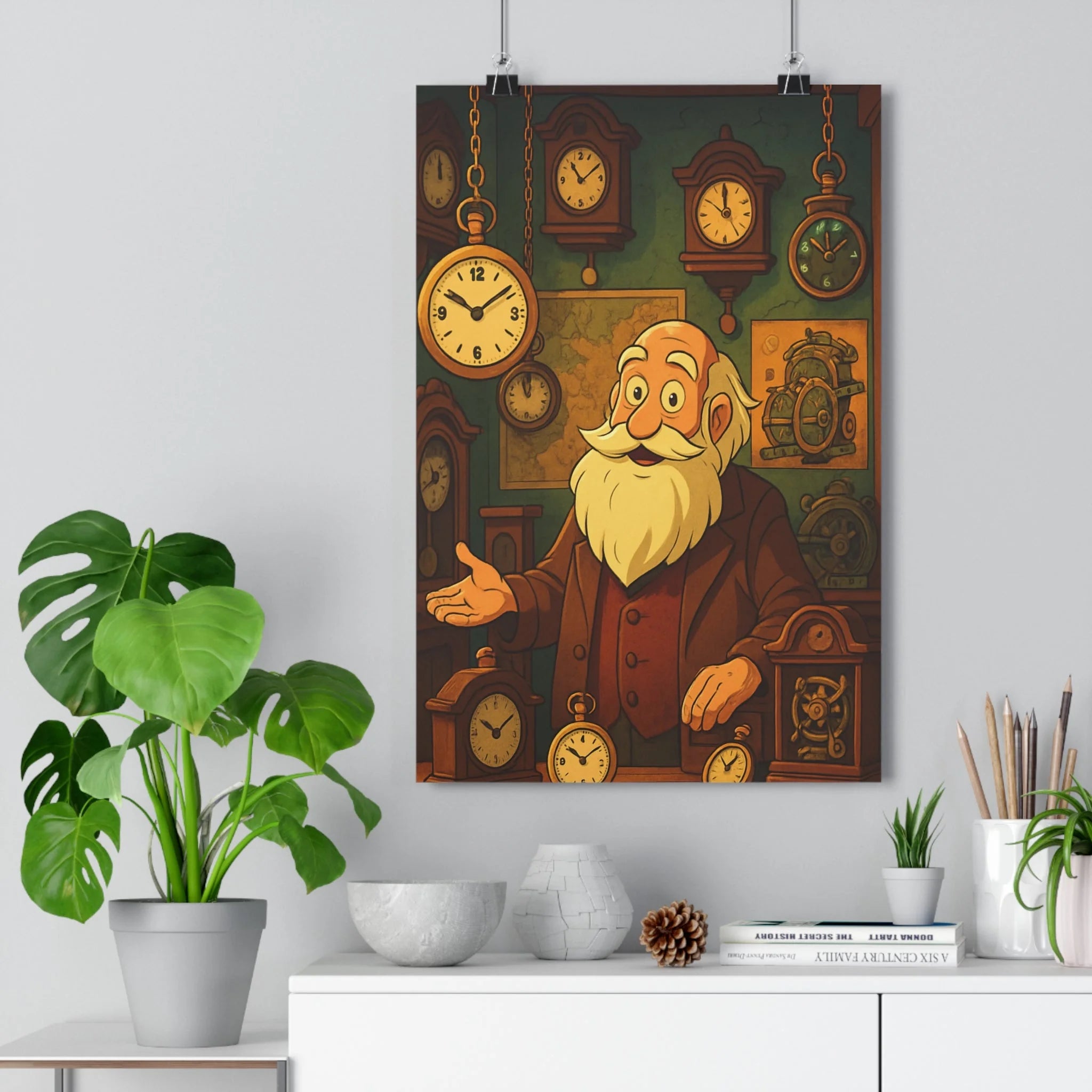 Poster décoratif rétro vintage sépia horloge homme barbu salon bureau chaleureux nostalgique 30x46 cm