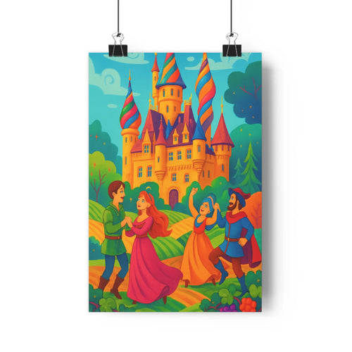 Poster château tour étoile ciel bleu vert rouge personnages embrasser danser fleur paysage féerique cartoon ambiance chambre salon