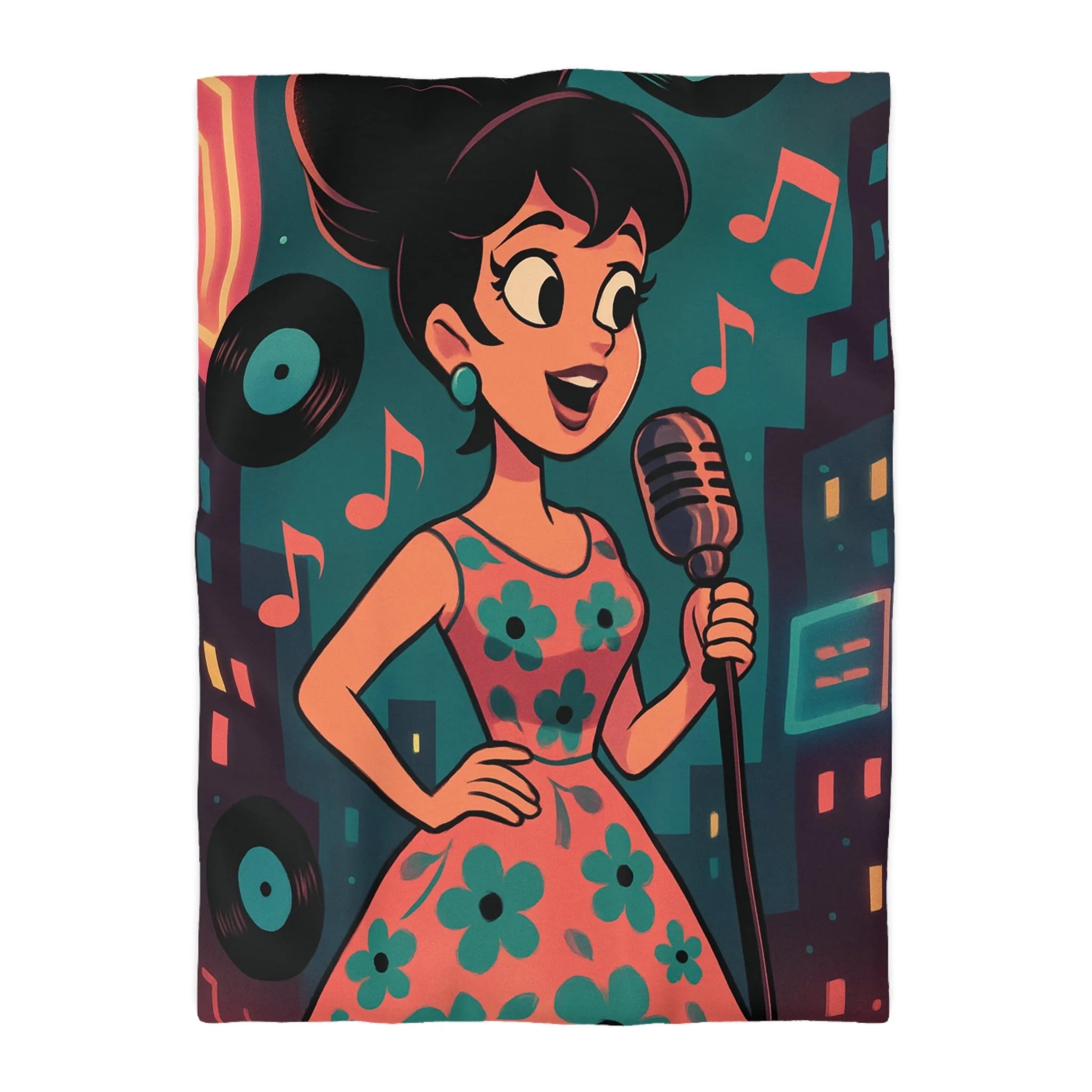 Housse de Couette Vintage Femme en Robe à Fleurs Chante Microphone Musique.