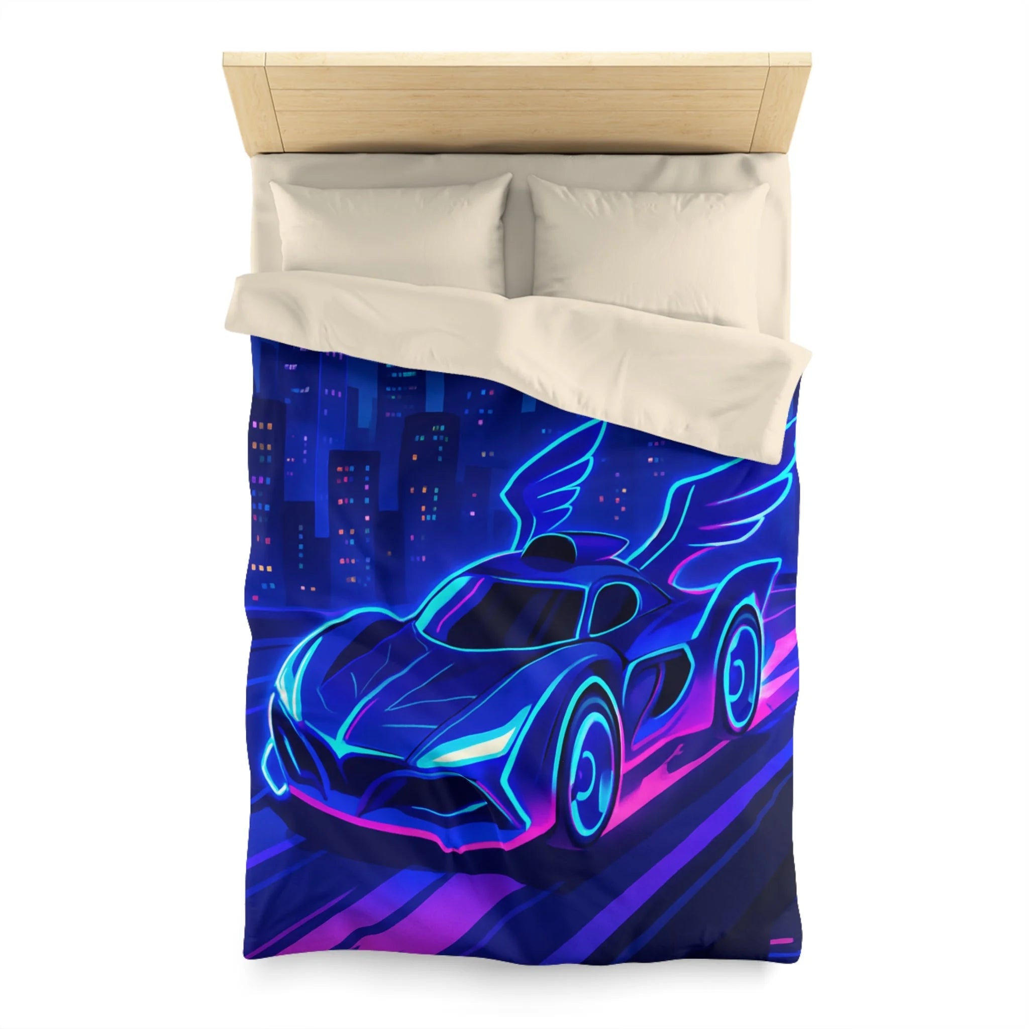 Housse de couette néon voiture futuriste volant dans une ville aux reflets lumineux