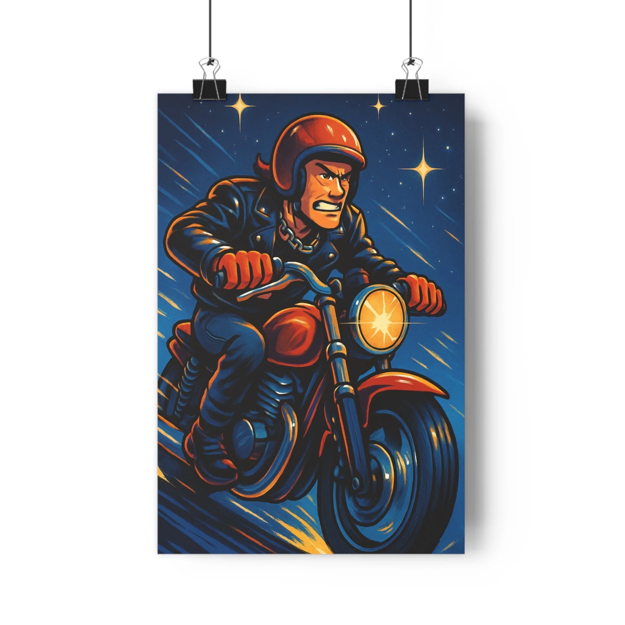 Poster décoratif audacieux motard ciel étoilé vibrant cartoon dynamique salon chambre aventure moto qualité