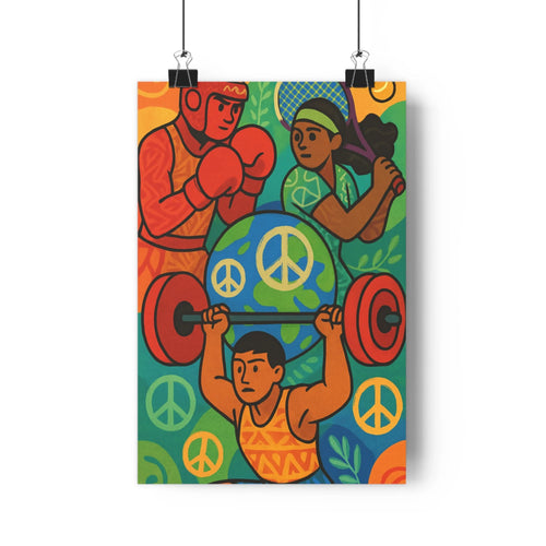 Poster sportif boxeur femme enfant poids marteau motifs paix feuilles couleurs rouge bleu vert jaune style cartoon énergique ambiance positive