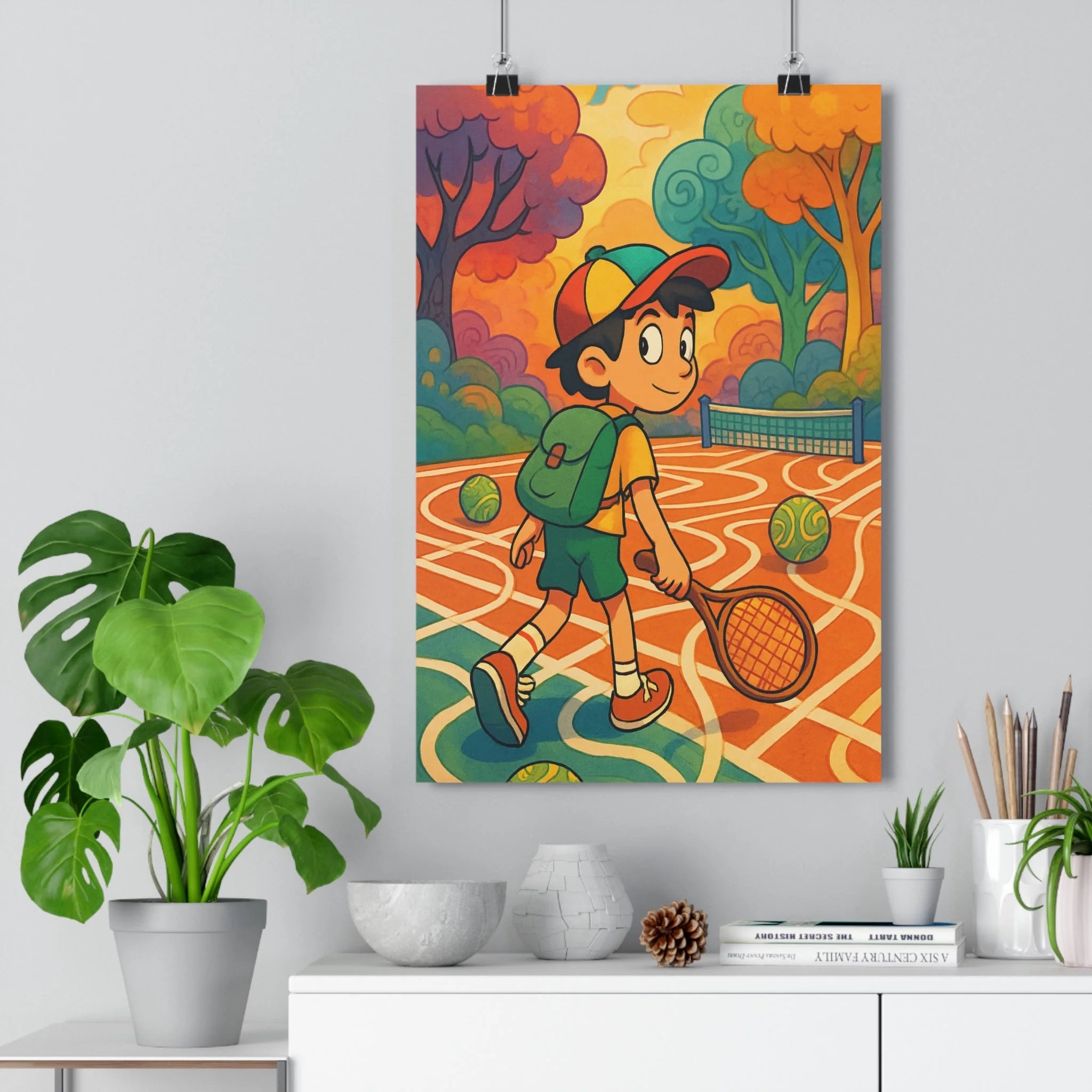 Poster décoratif enfant tennis coloré vibrant joyeux chambre ludique court raquette sport jeune joueur