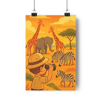 Poster enfant safari jumelles girafes zèbres éléphant nature cartoon sable arbres chaleur exploration découverte chambre salon