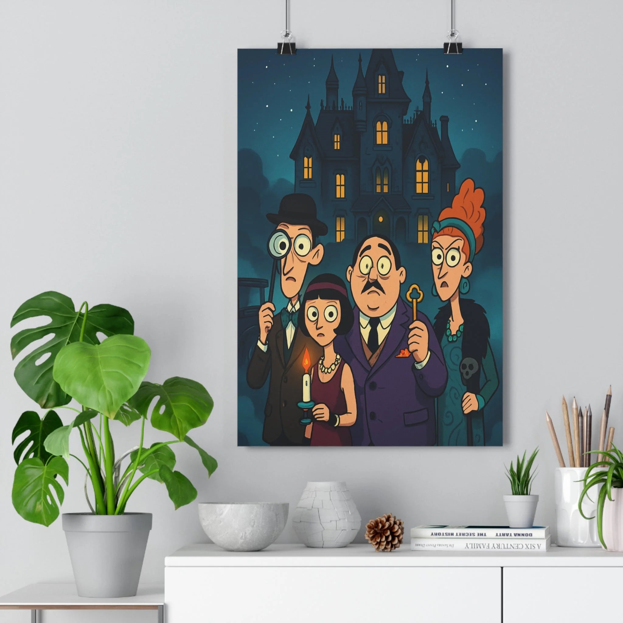 Poster décoratif vintage mystère manoir sombre salon bureau cartoon années bougie clé lumineux étoilé