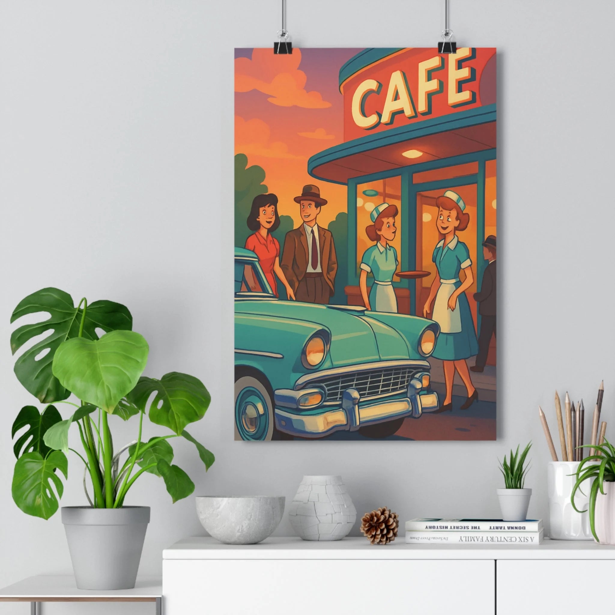 Poster décoratif vintage bleu orange nostalgique salon chambre ambiance chaleureuse rétro voiture classique art