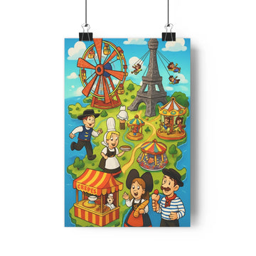 Poster paysage coloré personnages traditionnels modernes tour eiffel grande roue manège crêpe bleu rouge jaune style cartoon ambiance festive salon