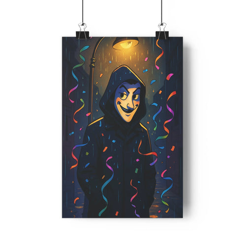 Poster joyeux personnage capuchon noir confettis colorés ambiance festive plante verte étagère blanche intérieur confortable lignes nettes style moderne dynamique