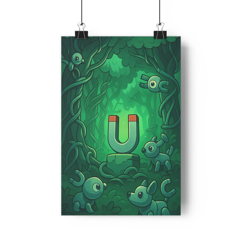 Poster décoratif mystique forêt enchantée créatures robotiques cartoon vert bleu chambre ambiance magique qualité