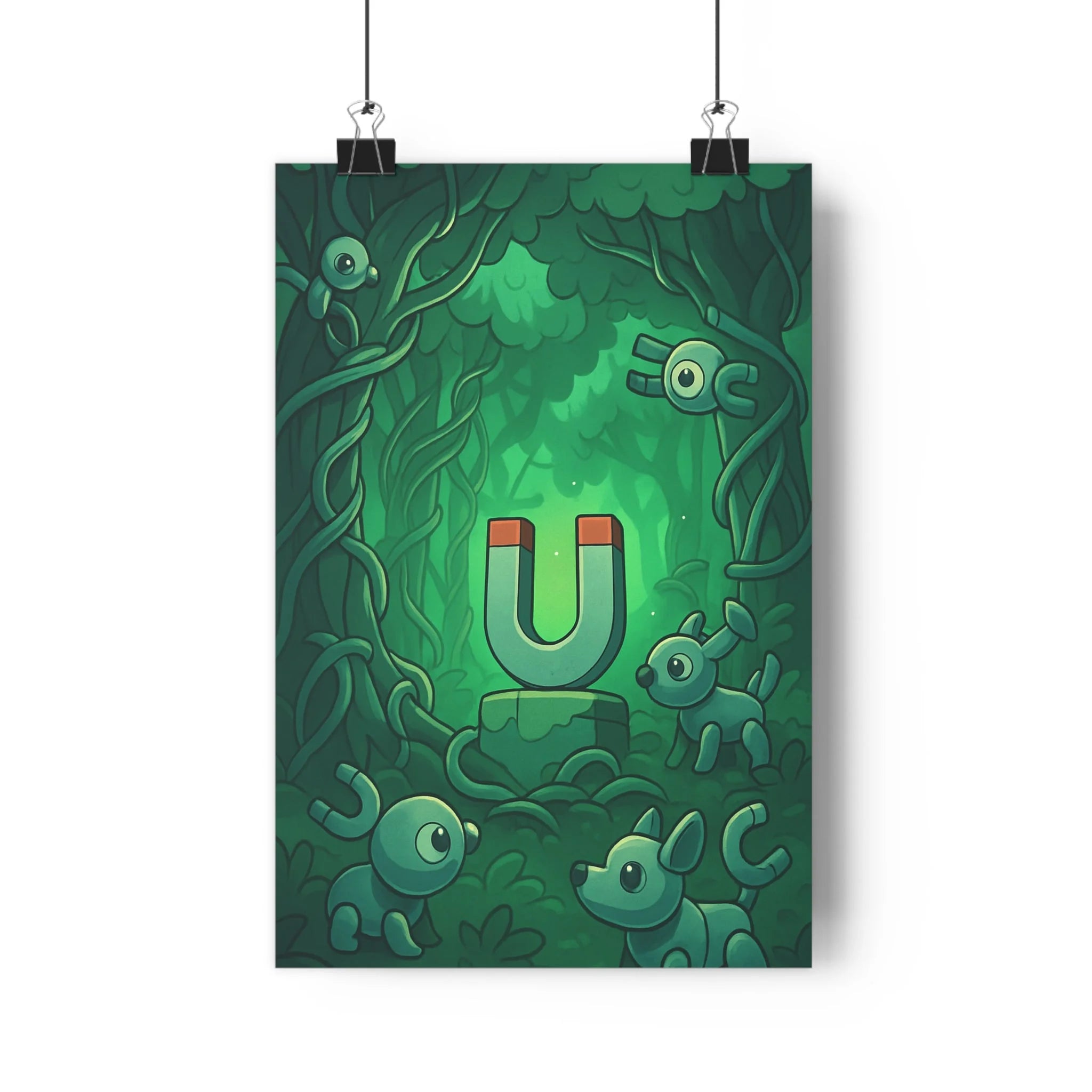 Poster décoratif mystique forêt enchantée créatures robotiques cartoon vert bleu chambre ambiance magique qualité