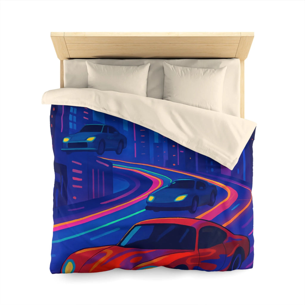 Housse de Couette Ville Futuriste avec Voiture Rouge et Lumières Néon