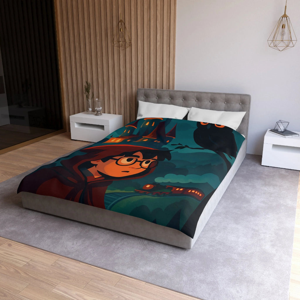 Housse de couette mystique avec château, héros et hibou pour chambre enchantée