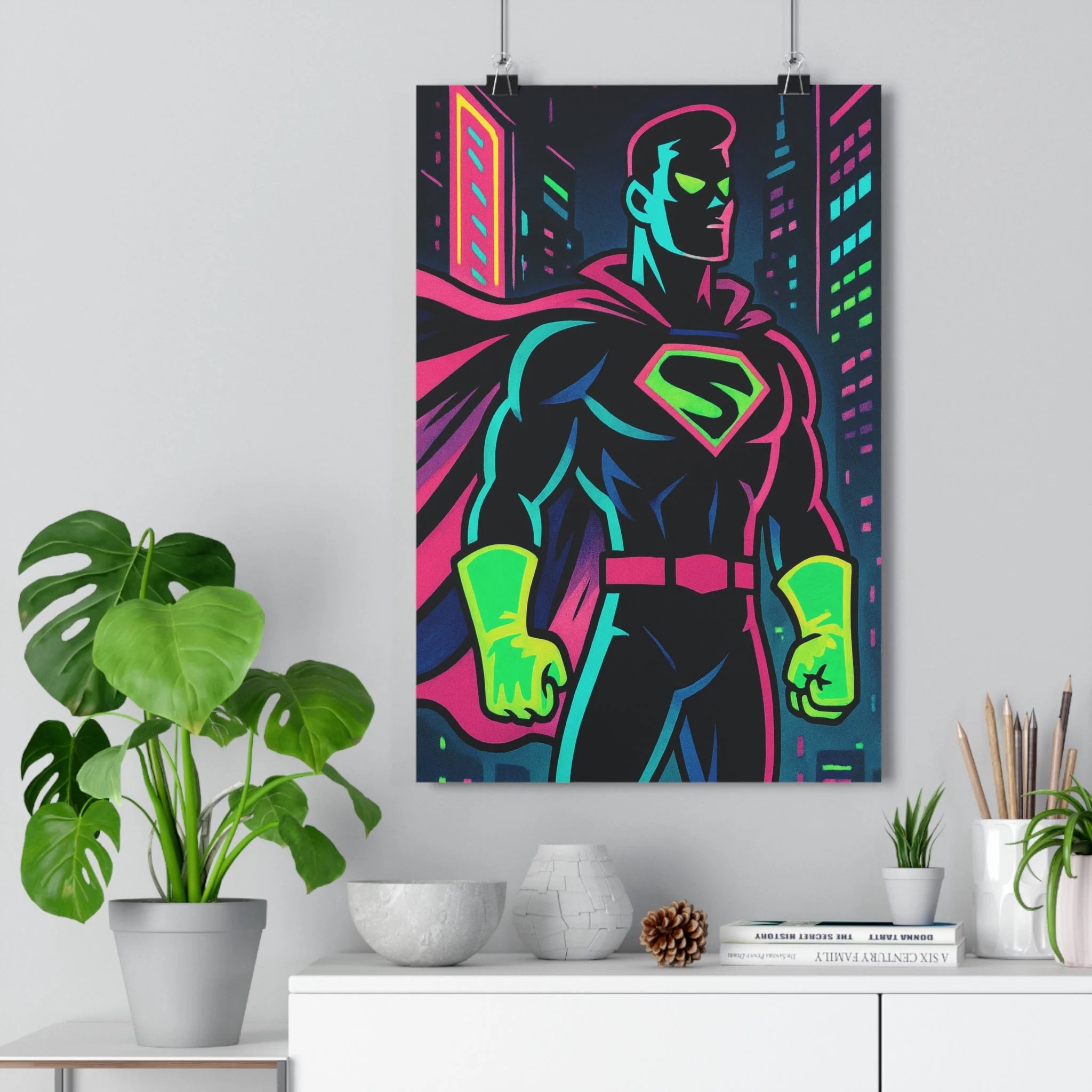 Poster décoratif superhéros néon moderne rose bleu vert pop art chambre salon bureau 30x46