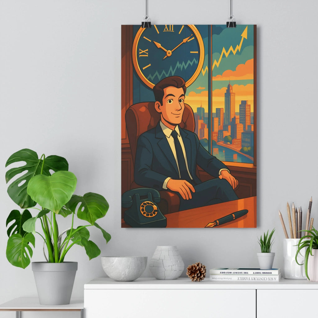 Poster décoratif dessin animé bleu orange bureau élégant dynamique artistique illuminé coucher soleil urbain