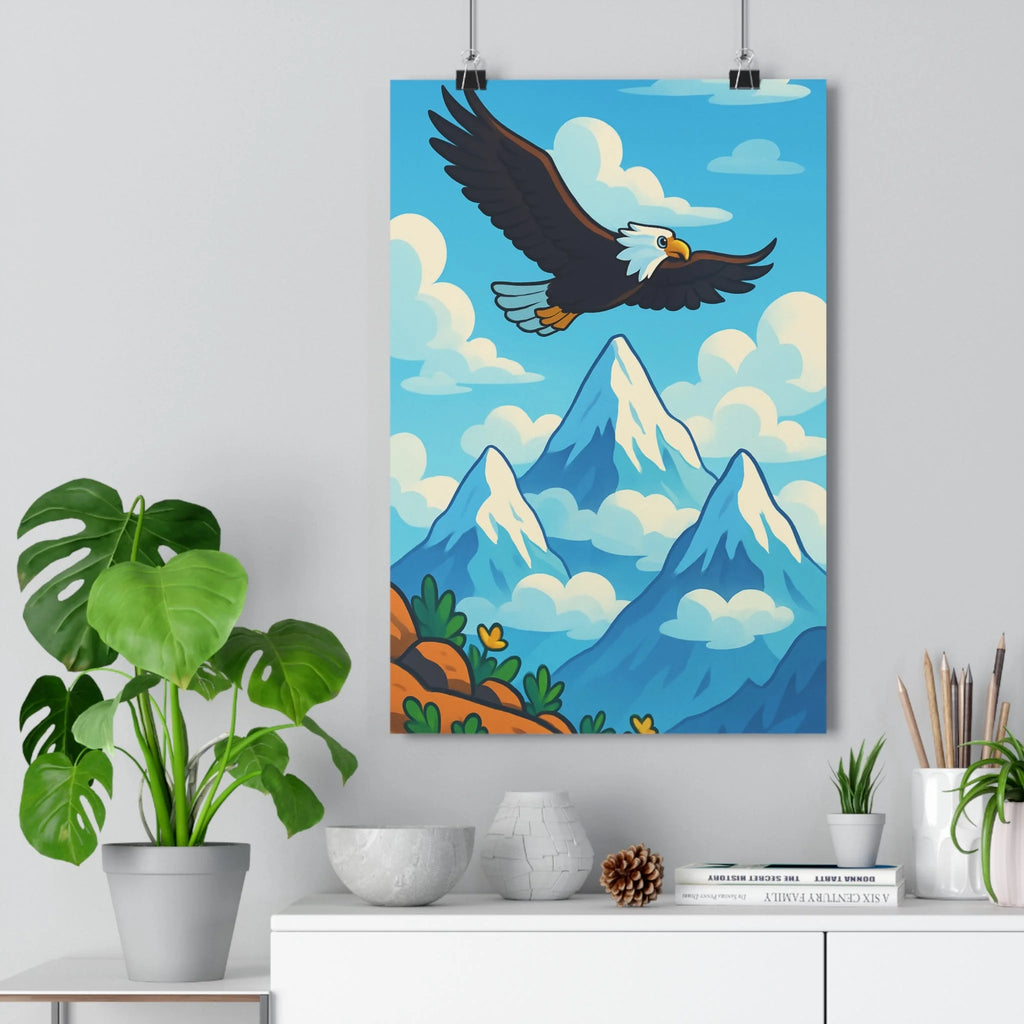 Poster décoratif anime aigle majestueux montagnes enneigées ciel bleu nuages blancs ambiance aventure 30x46